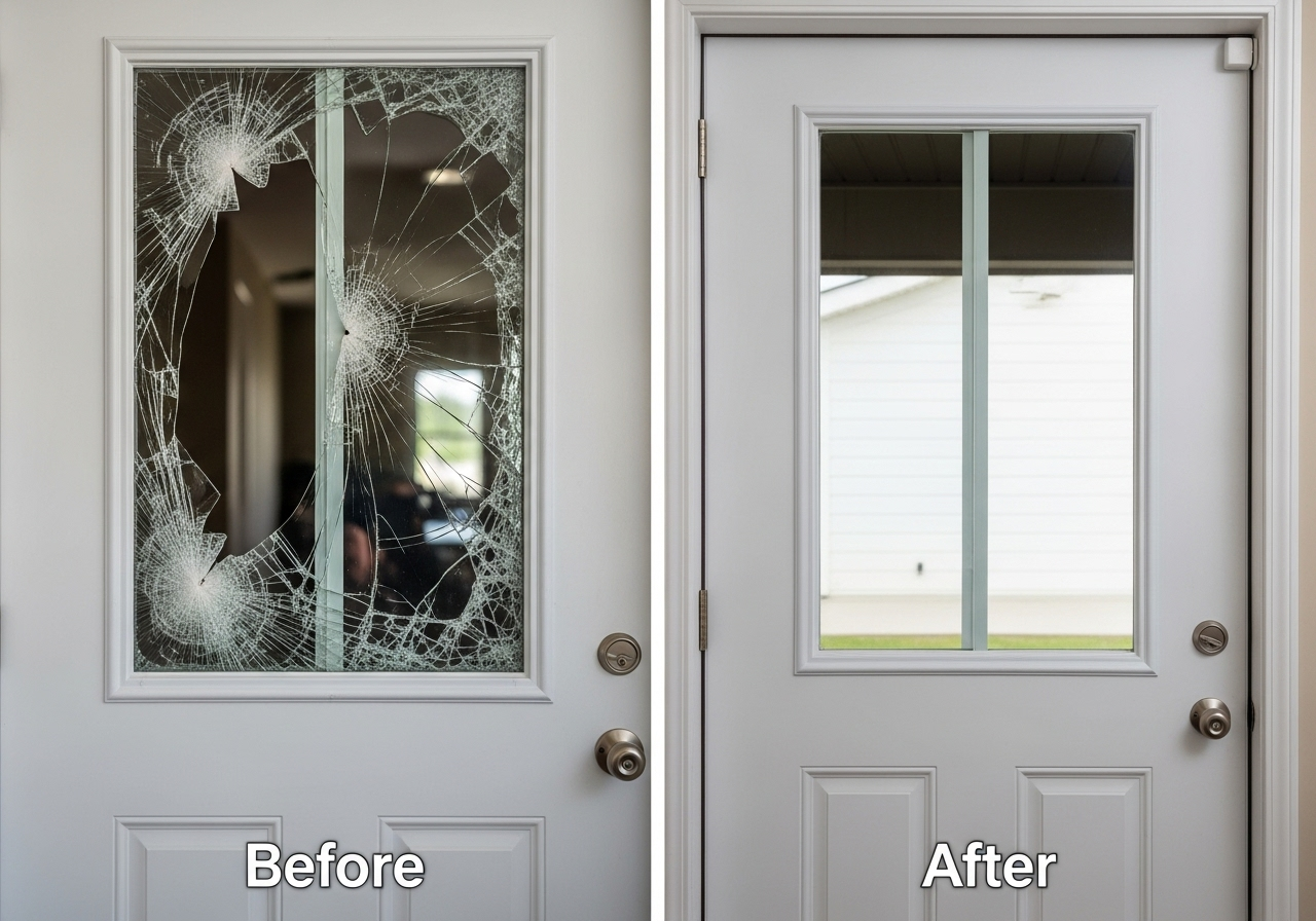 Illustration of a door glass panel before and after repair