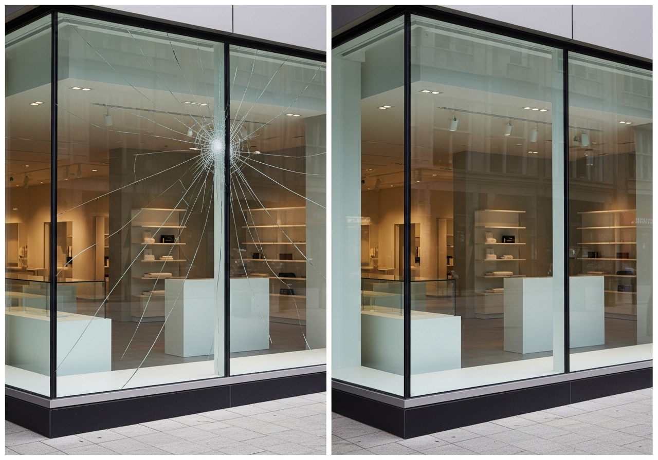 Illustration of a storefront glass panel before and after replacement